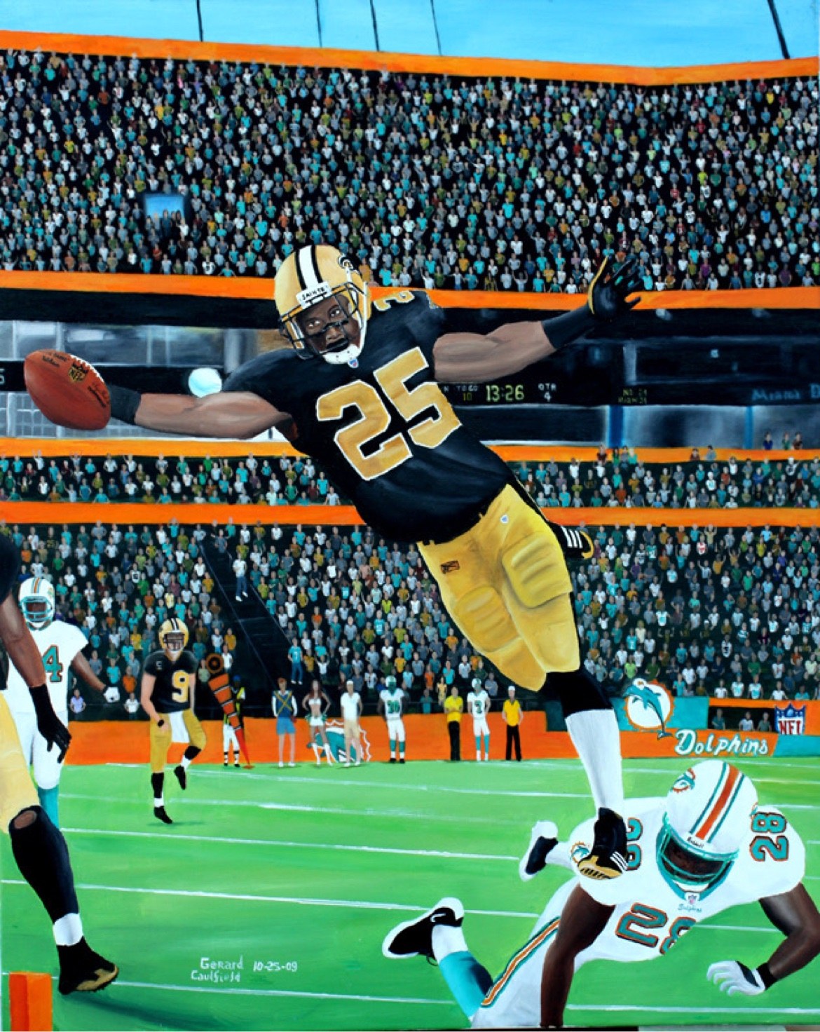 Original oil painting for Saints vs. Dolphins, Game 6, artwork by Gerard Caulfield