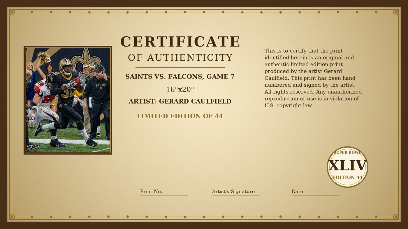 Certificate of Authenticity for Saints vs. Falcons, Game 7 by Gerard Caulfield