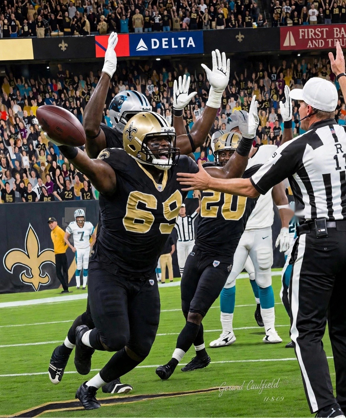 Art to AI version for Saints vs. Panthers, Game 8, artwork by Gerard Caulfield