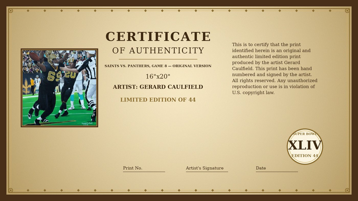 Certificate of Authenticity for Saints vs. Panthers, Game 8 by Gerard Caulfield