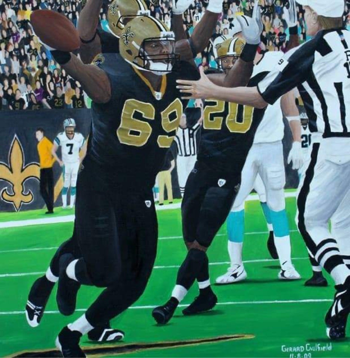 Original oil painting for Saints vs. Panthers, Game 8, artwork by Gerard Caulfield