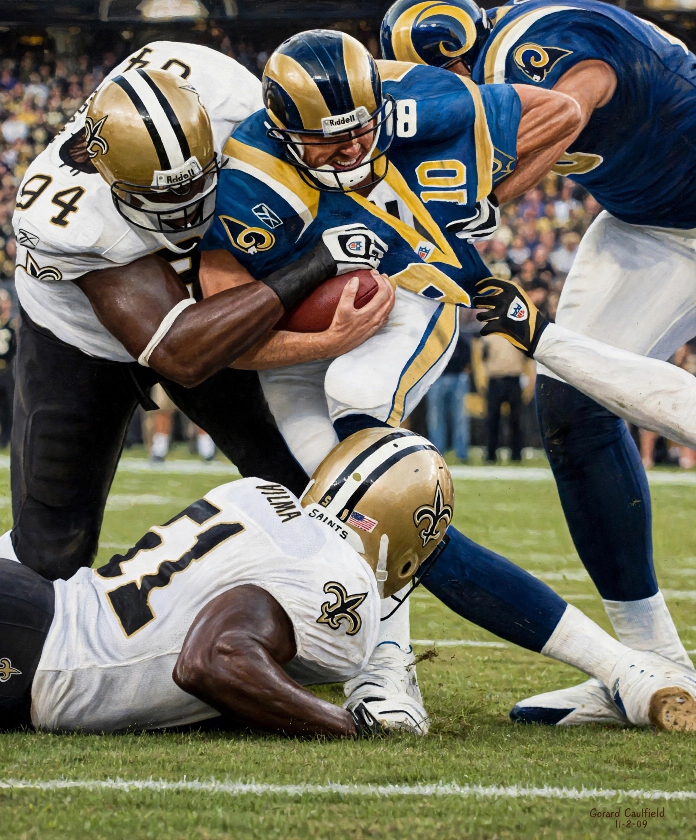 Art to AI version for Saints vs. Rams, Game 9, artwork by Gerard Caulfield