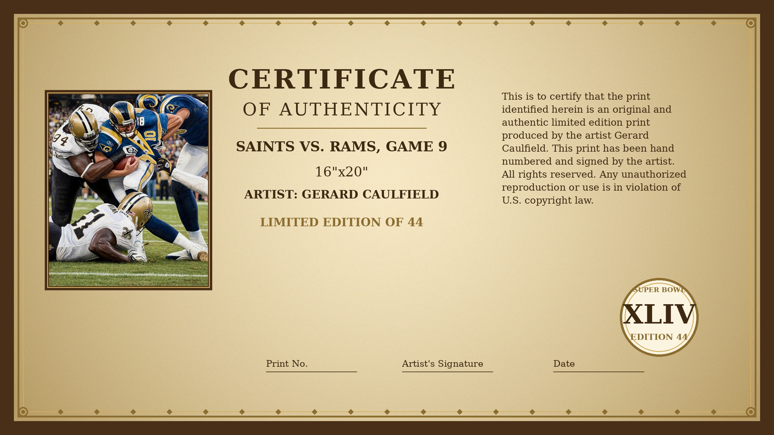 Certificate of Authenticity for Saints vs. Rams, Game 9 by Gerard Caulfield