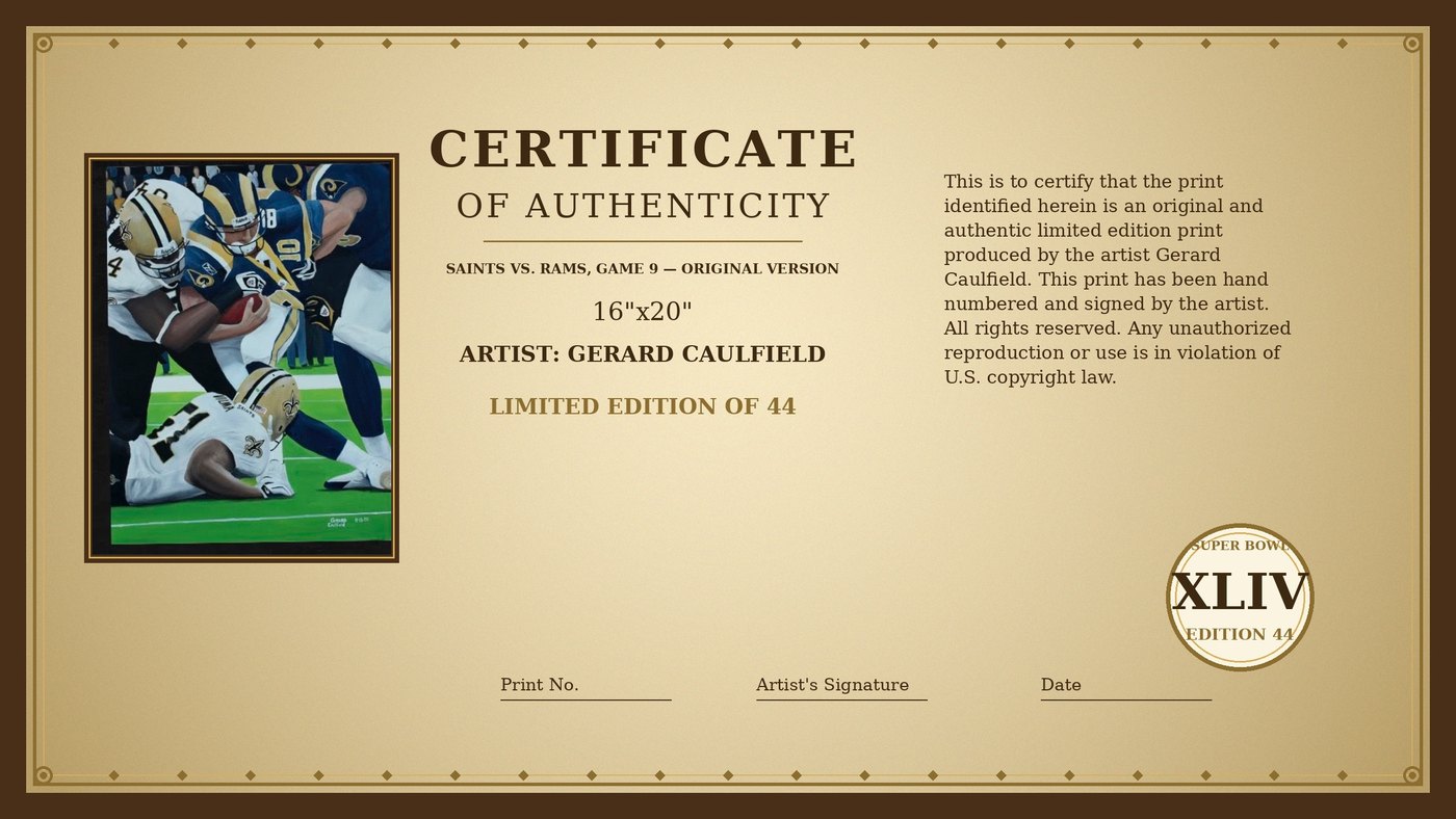 Certificate of Authenticity for Saints vs. Rams, Game 9 by Gerard Caulfield