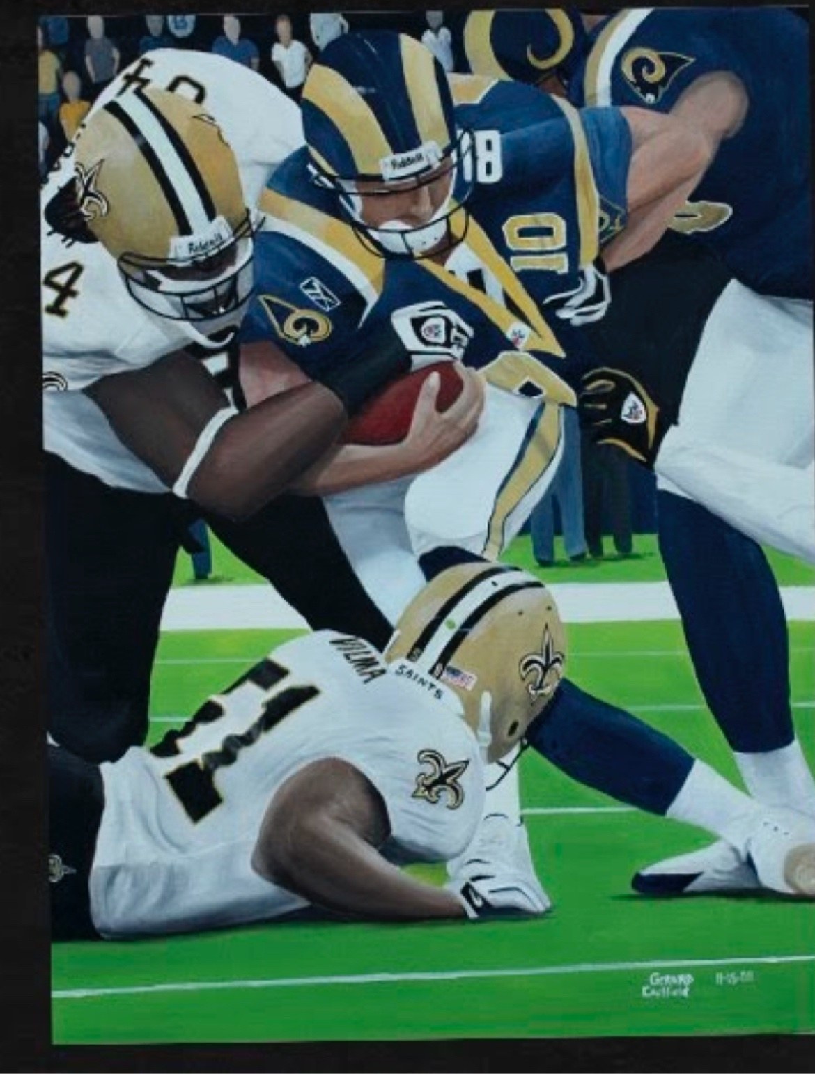 Original oil painting for Saints vs. Rams, Game 9, artwork by Gerard Caulfield