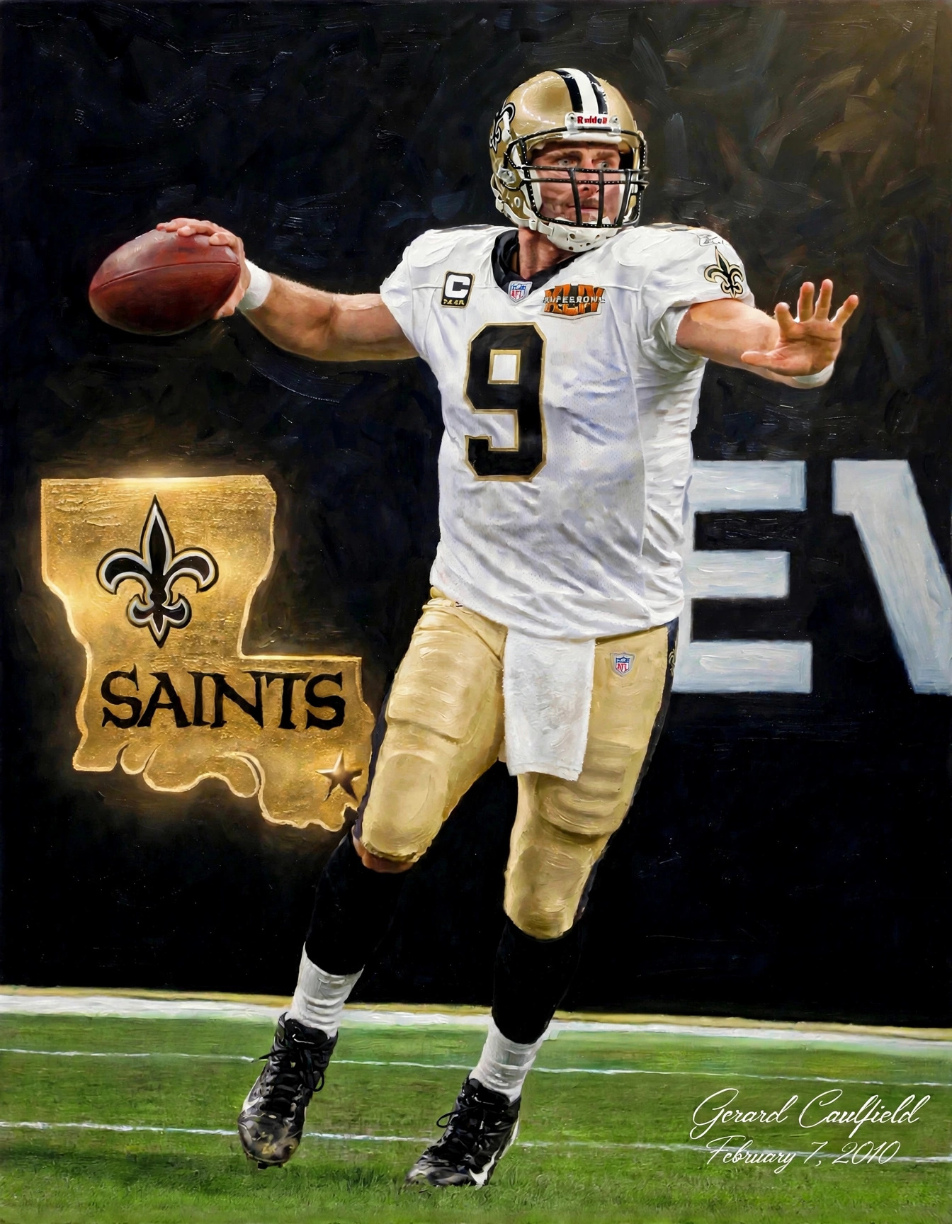 Art to AI version for Drew Brees #9 — 2007, artwork by Gerard Caulfield