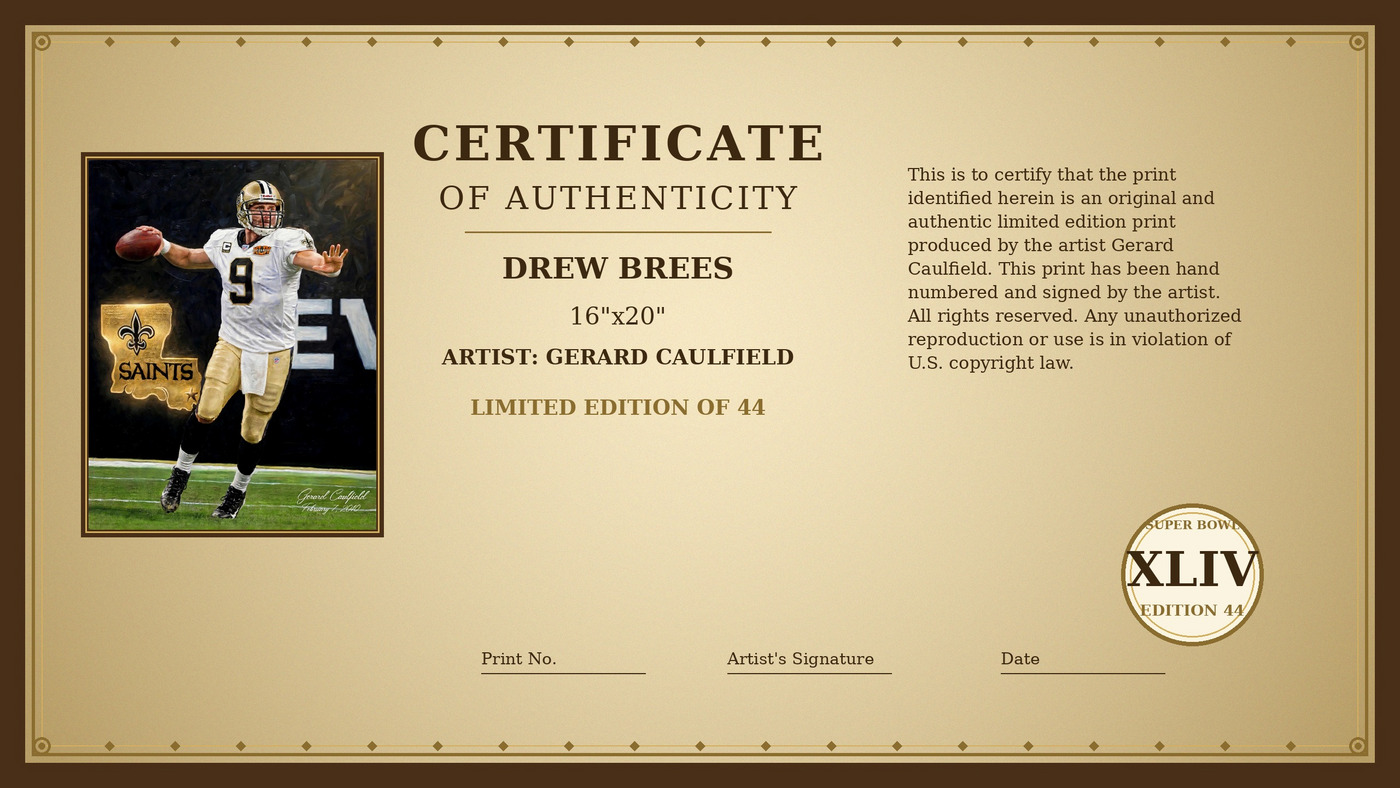 Certificate of Authenticity for Drew Brees #9 — 2007 by Gerard Caulfield