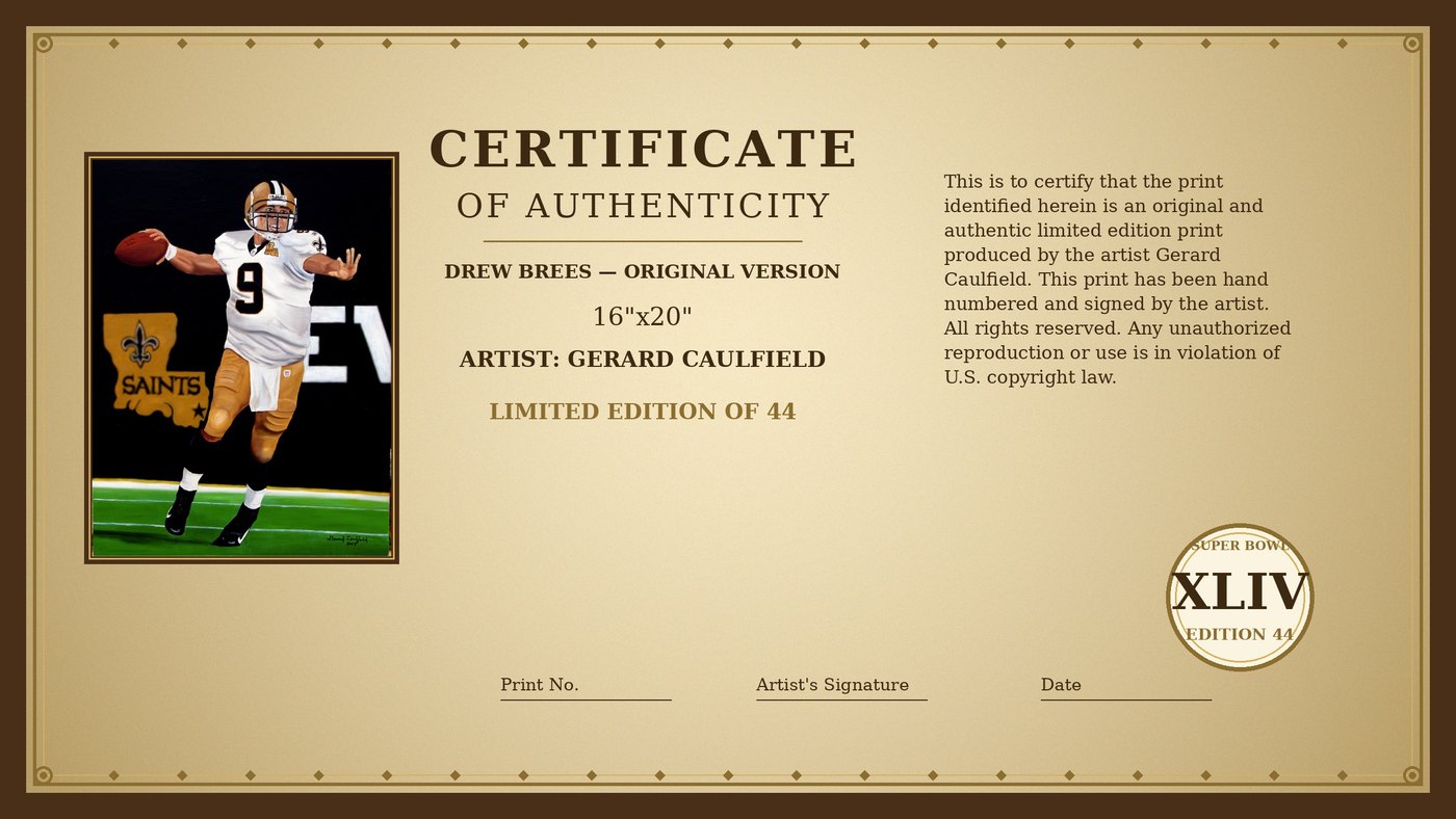 Certificate of Authenticity for Drew Brees #9 — 2007 by Gerard Caulfield
