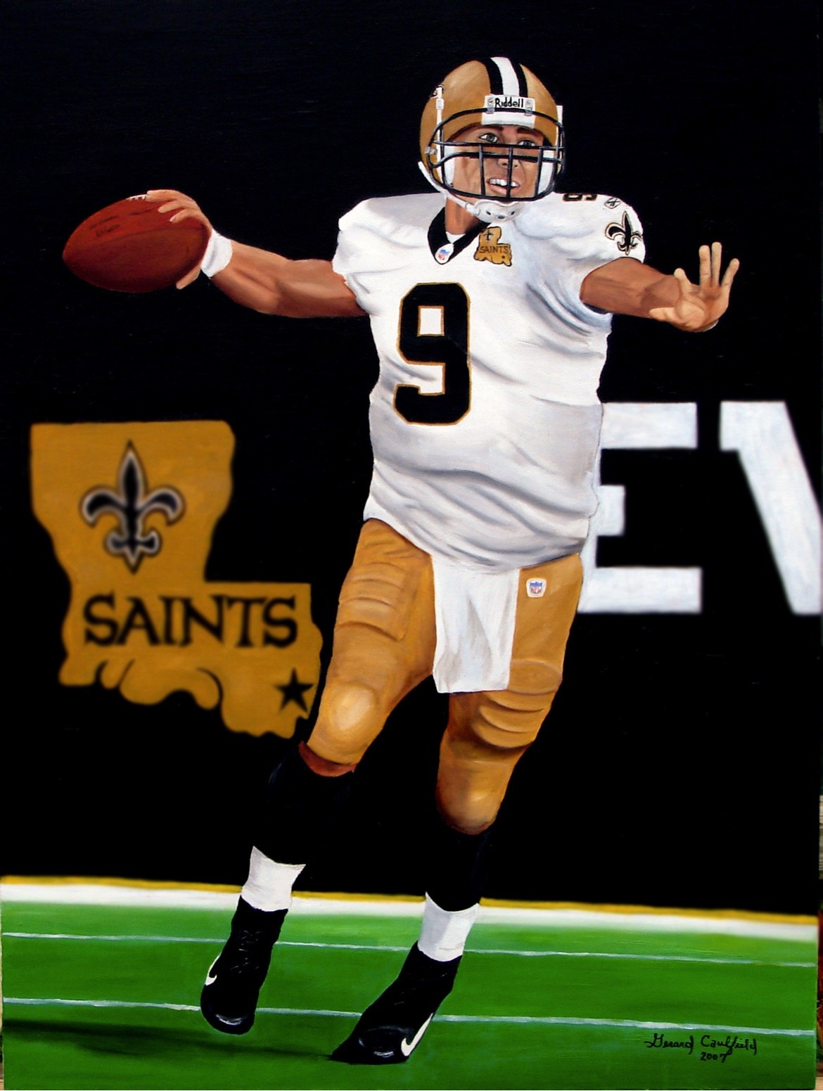Original oil painting for Drew Brees #9 — 2007, artwork by Gerard Caulfield