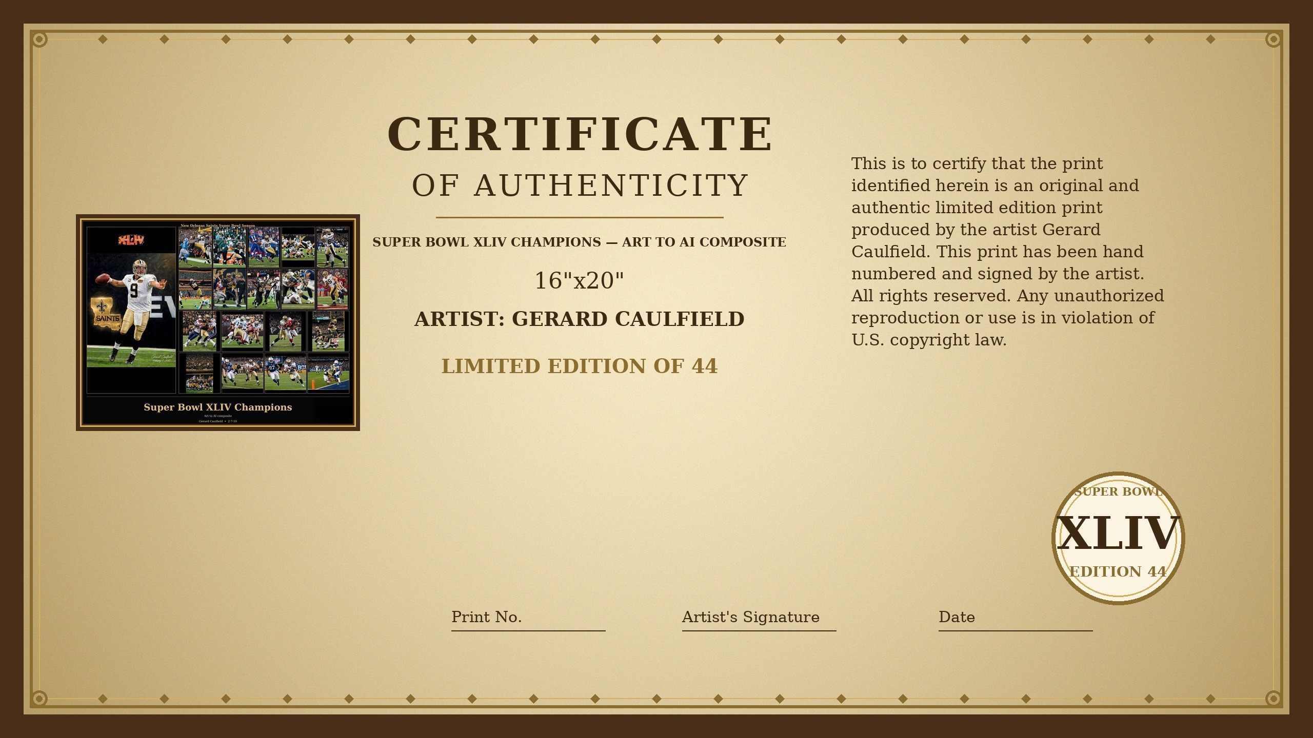 Certificate of Authenticity for the Super Bowl XLIV Champions Art to AI composite print by Gerard Caulfield