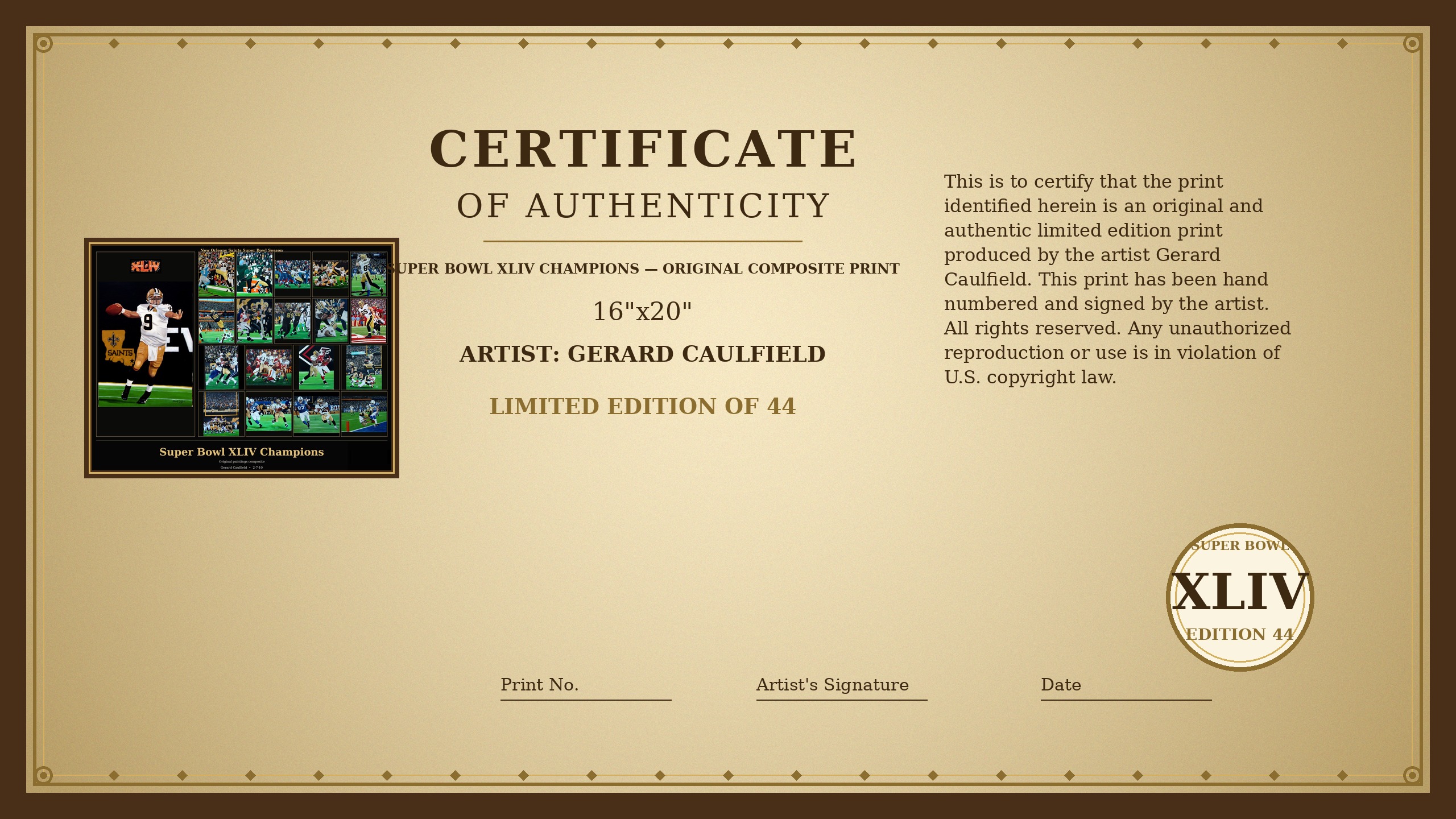 Certificate of Authenticity for the Super Bowl XLIV Champions original-composite print by Gerard Caulfield