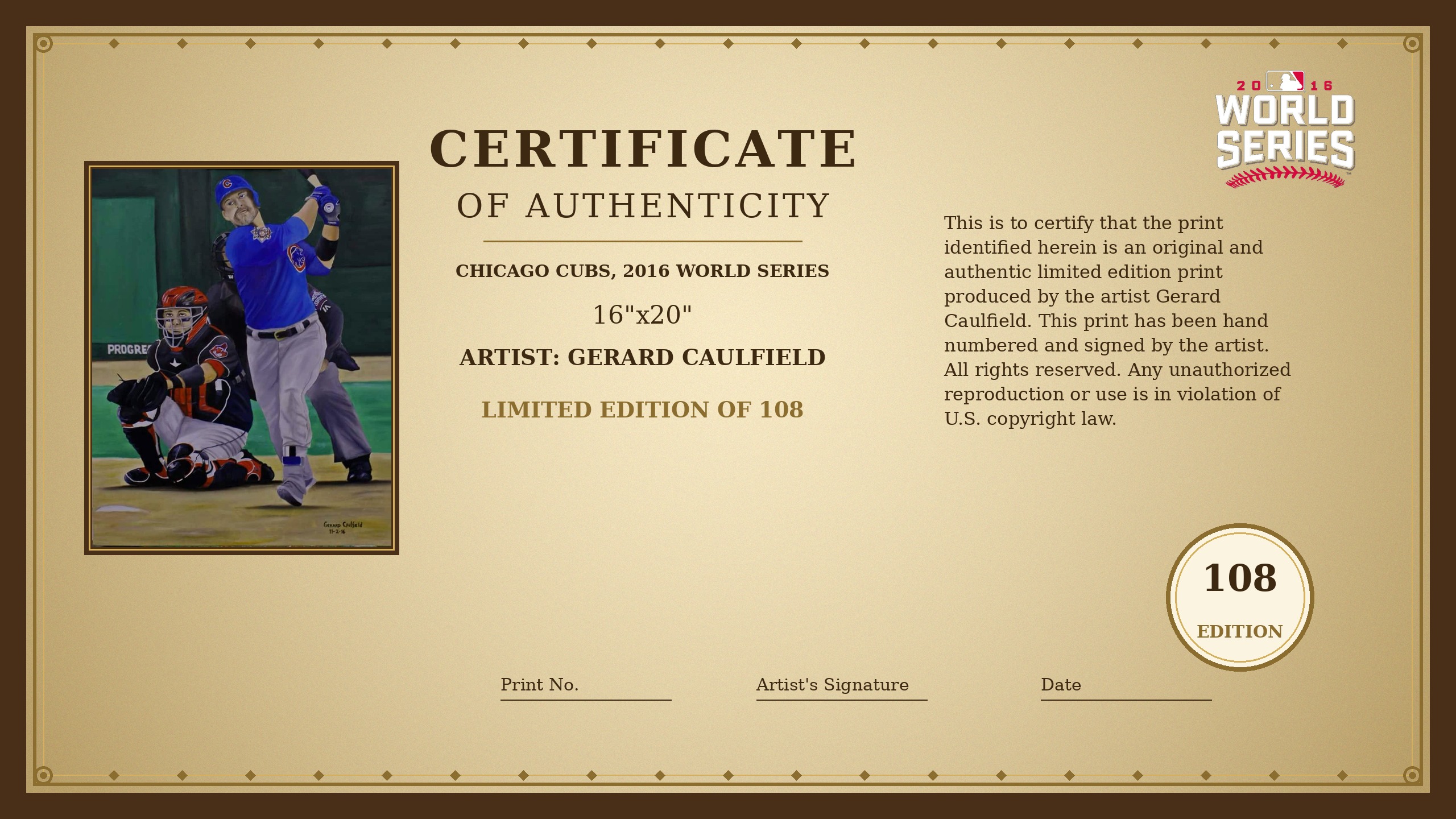 Certificate of Authenticity for Cubs at Progressive Field by Gerard Caulfield
