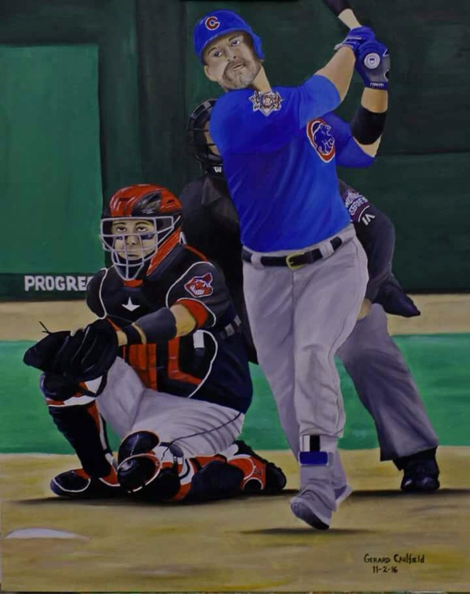 Original oil painting for Cubs at Progressive Field, artwork by Gerard Caulfield