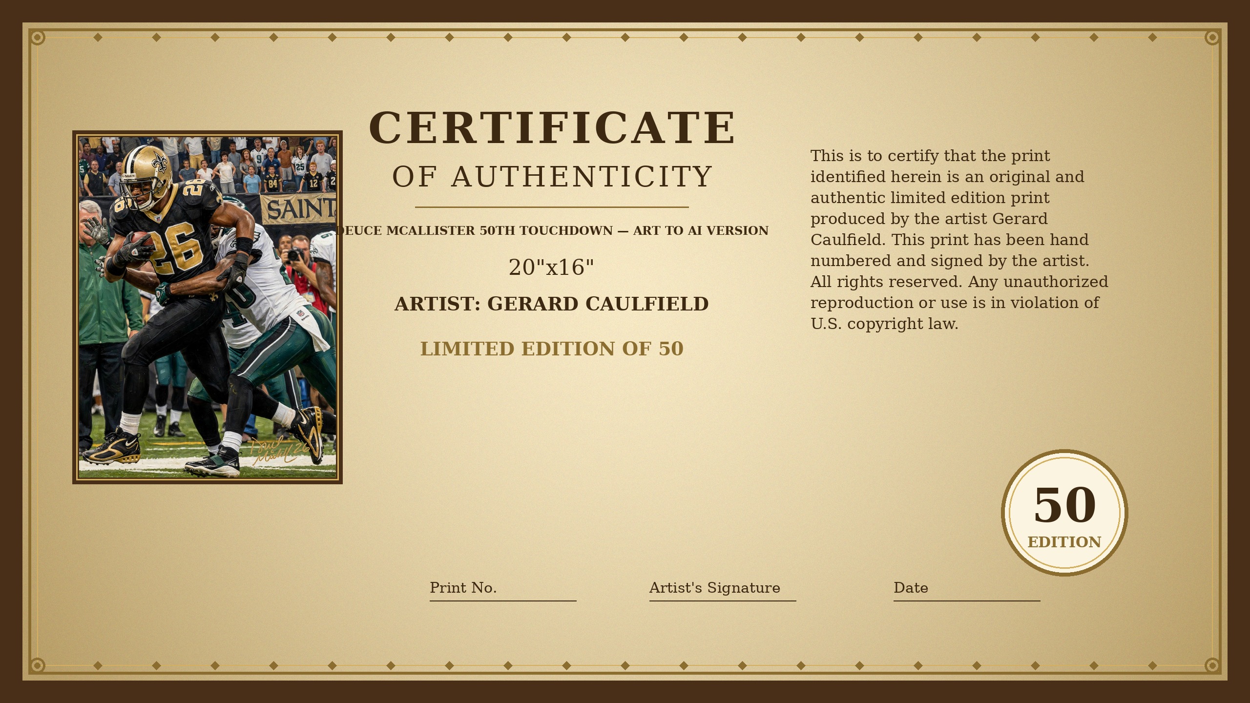 Certificate of Authenticity for Deuce McAllister — 50th Touchdown by Gerard Caulfield