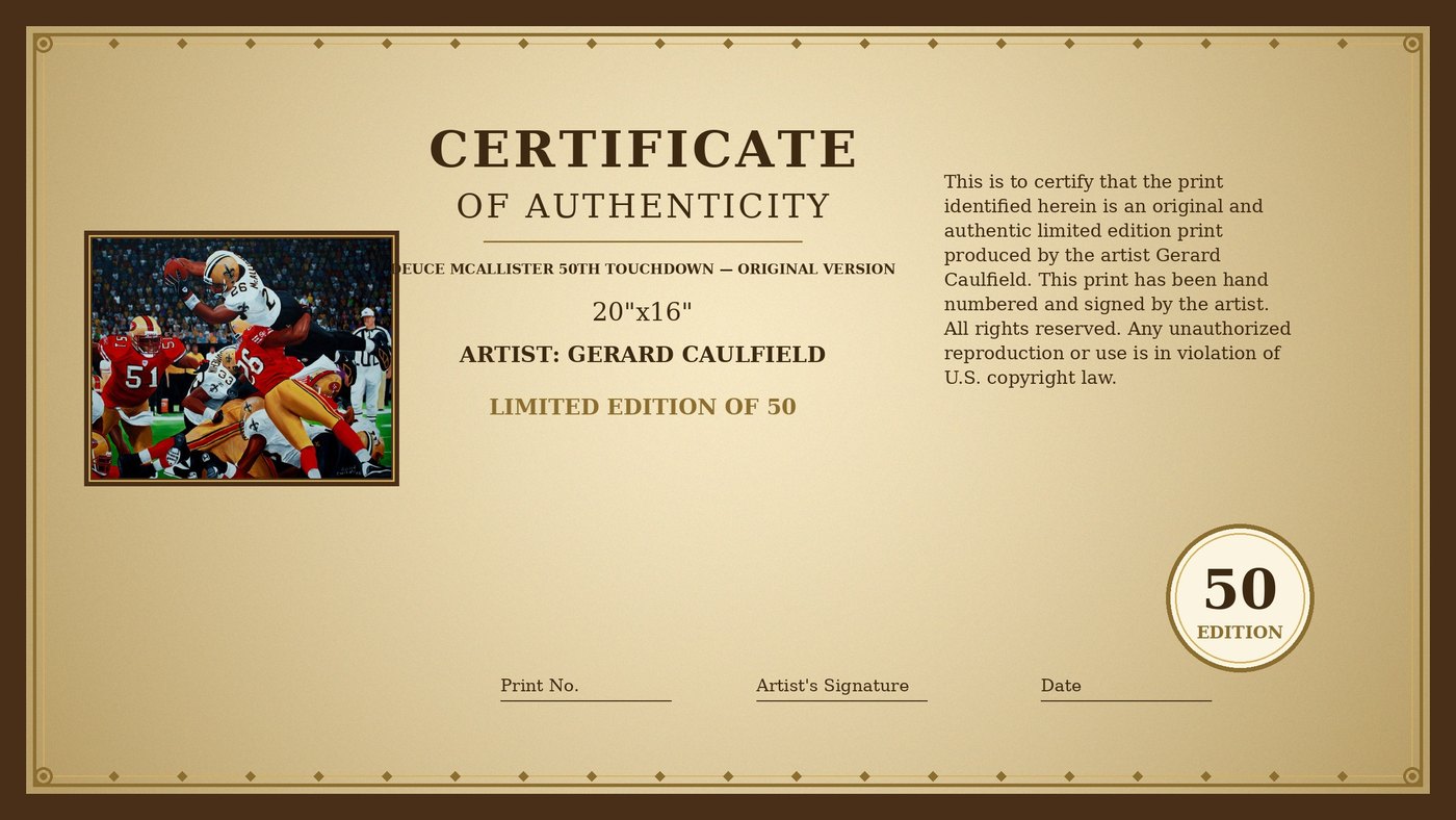 Certificate of Authenticity for Deuce McAllister — 50th Touchdown by Gerard Caulfield