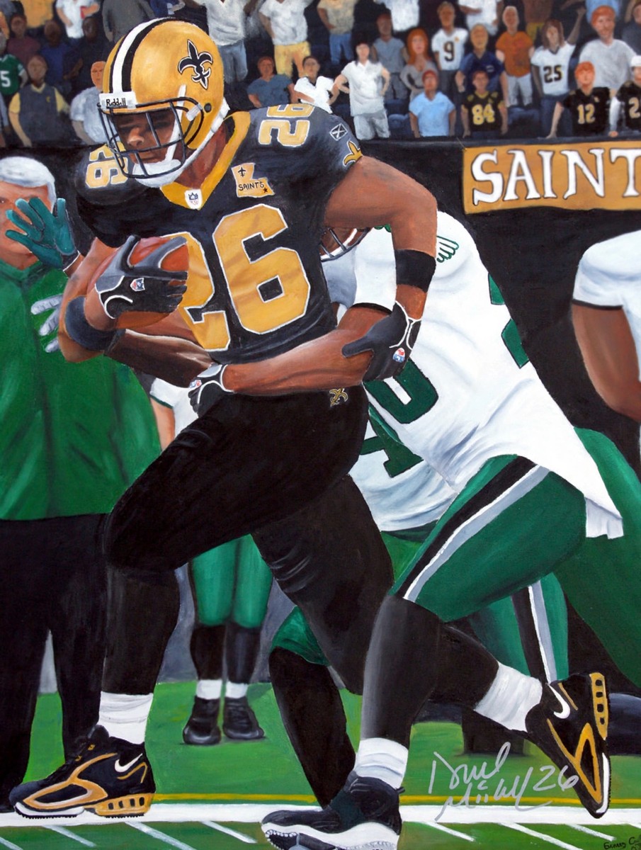 Original oil painting for Deuce McAllister — 50th Touchdown, artwork by Gerard Caulfield