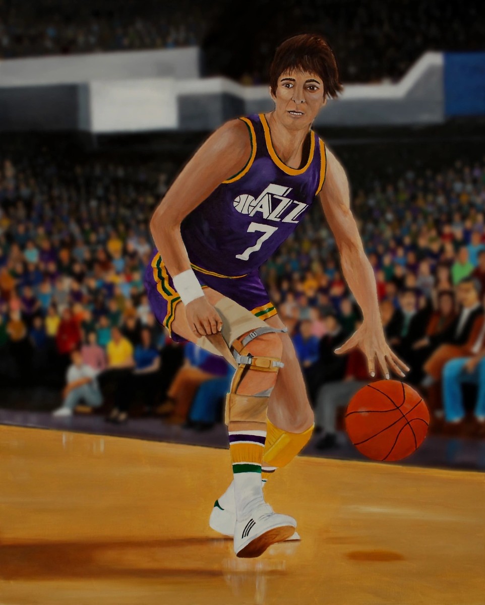 Original oil painting of Pistol Pete Maravich by Gerard Caulfield