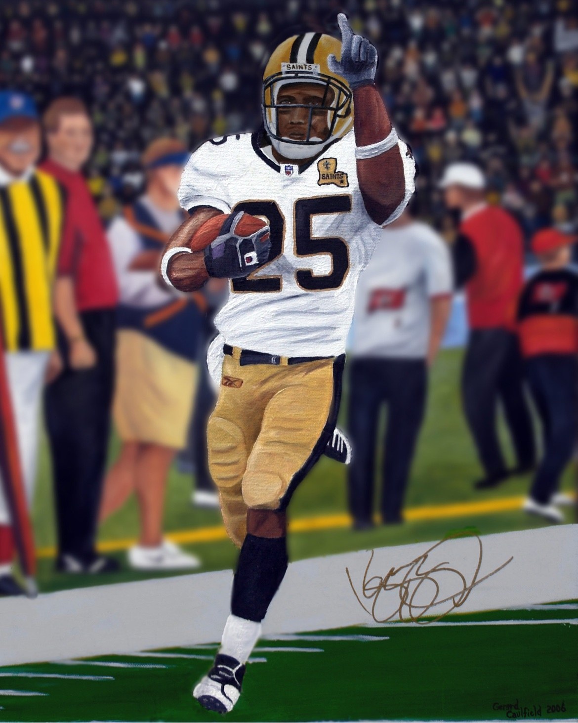 Original oil painting for Reggie Bush, artwork by Gerard Caulfield