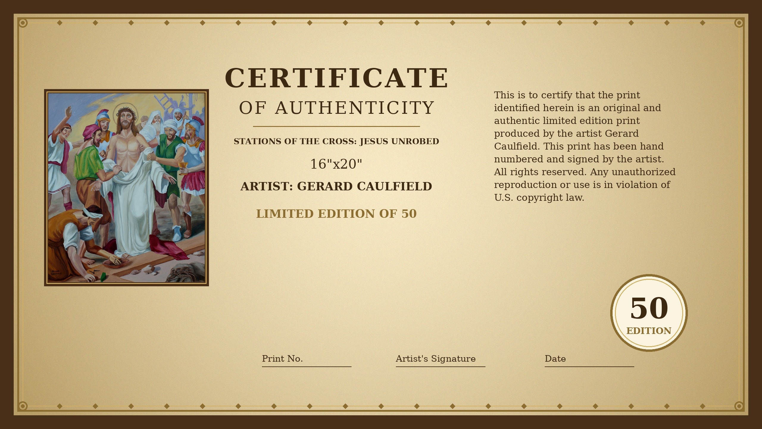 Certificate of Authenticity for Jesus Unrobed by Gerard Caulfield