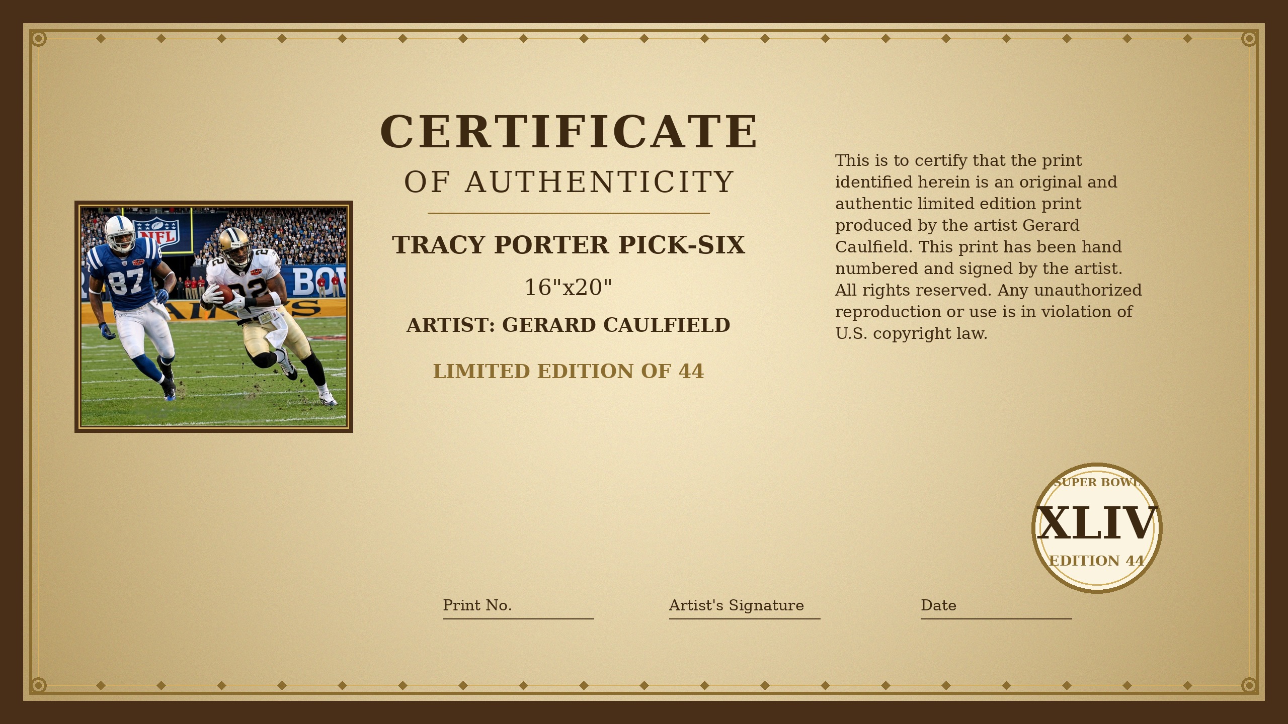 Certificate of Authenticity for the Tracy Porter Pick-Six Art to AI print, edition of 44